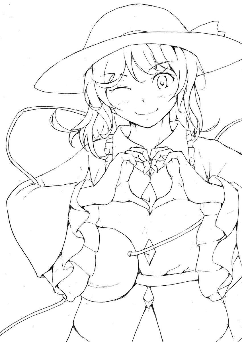 bow face greyscale hat heart heart_hands highres komeiji_koishi lineart looking_at_viewer monochrome one_eye_closed smile solo third_eye touhou vent_arbre