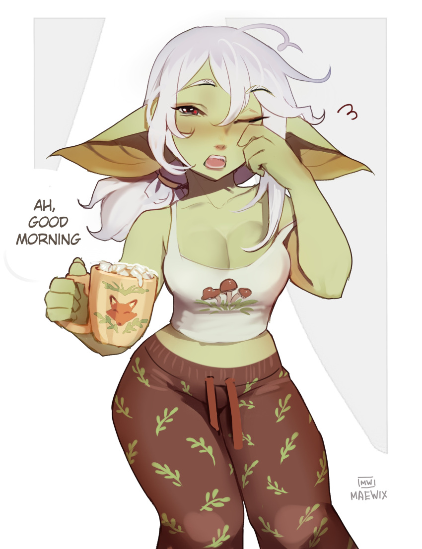 1girl absurdres artist_name blush breasts brown_pants cleavage colored_skin crop_top cup english_commentary english_text female_goblin food_print goblin green_skin highres holding holding_cup large_breasts large_ears leaf_print long_hair looking_at_viewer maewix_(artist) mushroom_print one_eye_closed open_mouth original pajamas pants pointy_ears print_pants print_shirt red_eyes rubbing_eyes shirt sleepy sleeveless sleeveless_shirt solo white_hair white_shirt