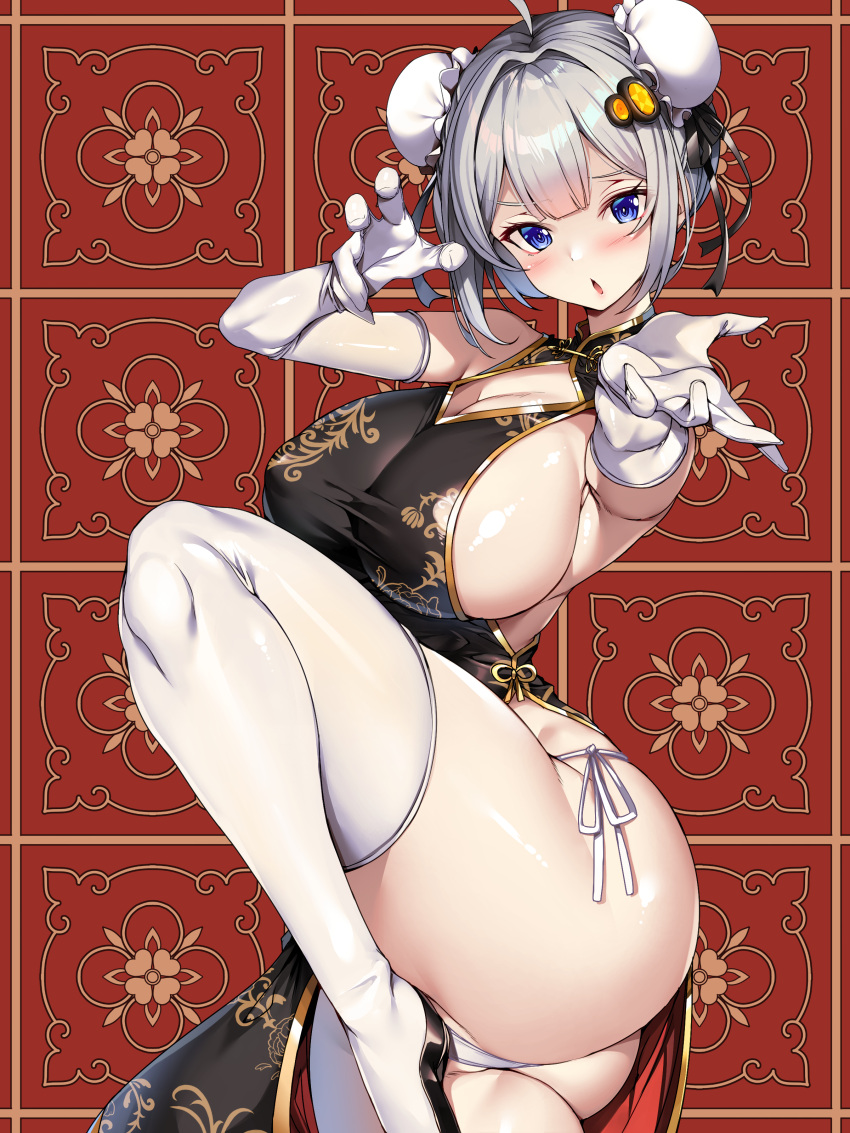 1girl :o absurdres ahoge black_dress blue_eyes blush braid breasts bun_cover china_dress chinese_clothes commentary_request double_bun dress foreshortening gloves grey_hair hair_between_eyes hair_bun hair_ornament highres kizuna_akari large_breasts looking_at_viewer open_mouth panties patterned_background print_dress red_background side-tie_panties sideboob solo standing standing_on_one_leg taut_clothes taut_dress thick_thighs thighhighs thighs torisan underwear voiceroid white_gloves white_panties white_thighhighs