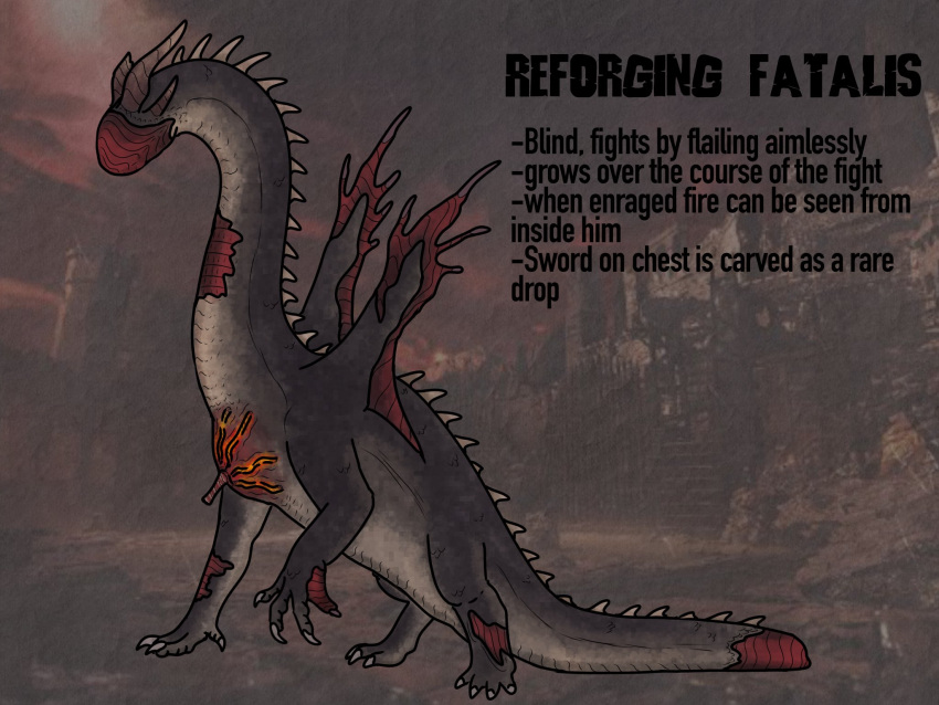 ambiguous_gender body_horror capcom claws dragon english_text fatalis feral headless hi_res melee_weapon membrane_(anatomy) membranous_wings monster monster_hunter regeneration scalie simple_background solo spikes spikes_(anatomy) sword text thecoolnovus weapon wings