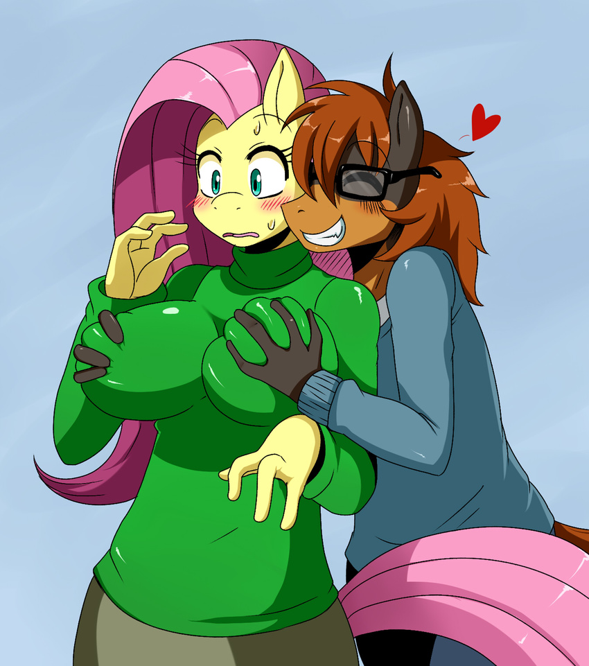 anthro anthrofied big_breasts black_fur blue_background blush breast_grab breasts brown_fur brown_hair clothed clothing duo equine eyes_closed eyewear female fluttershy_(mlp) friendship_is_magic fur glasses green_eyes grin grope hair horse kingofkof long_hair mammal molest my_little_pony pink_hair plain_background pony sssonic2 sweater sweetie-swirl yellow_fur