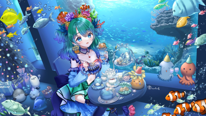 1girl artist_name bare_shoulders bird blue_dress blue_eyes blue_hair blue_sleeves blue_thighhighs blush breasts bubble cake christmas_tree cleavage clothing_cutout clownfish collarbone commission conch coral coral_hair_ornament coral_reef cup detached_sleeves dress drinking_glass fish food frilled_sleeves frills gem gift gradient_dress gradient_hair green_dress green_hair hat highres holding holding_cup holding_spoon indie_virtual_youtuber indoors kelp kompeitou_(lemon_garden) kumanomi_(vtuber) looking_at_viewer medium_hair multicolored_hair navel navel_cutout octopus open_mouth oyster party_hat pearl_(gemstone) penguin scallop school_of_fish sea_anemone seal_(animal) seaweed sidelocks sitting skeb_commission solo spoon squid starfish table teacup teapot thighhighs tiered_tray tree tropical_fish underwater virtual_youtuber window