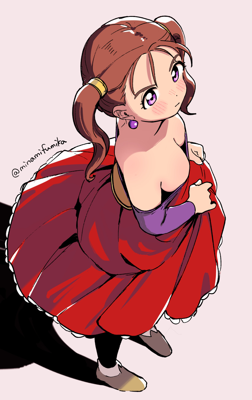 1girl absurdres bare_shoulders blush breasts brown_eyes brown_hair cleavage closed_mouth commentary corset dragon_quest dragon_quest_viii dress earrings full_body highres jessica_albert jewelry large_breasts long_hair looking_at_viewer miyama_(kannsannn) purple_shirt shirt smile solo thighhighs twintails underbust