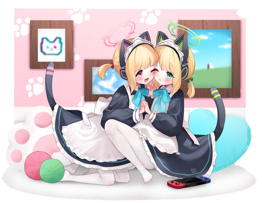 2girls absurdres animal_ears apron black_dress blonde_hair blue_archive border cat_ears cat_tail cheek-to-cheek dress fake_animal_ears fake_tail frilled_dress frills green_eyes green_halo halo handheld_game_console heads_together highres holding_hands long_sleeves looking_at_another maid_apron midori_(blue_archive) midori_(maid)_(blue_archive) momoi_(blue_archive) momoi_(maid)_(blue_archive) multiple_girls pantyhose paw_print picture_frame pink_eyes pink_halo piyon_(pyon_piiii) puffy_long_sleeves puffy_sleeves short_hair short_ponytail short_twintails siblings sisters tail twins twintails white_apron white_border white_pantyhose yarn yarn_ball