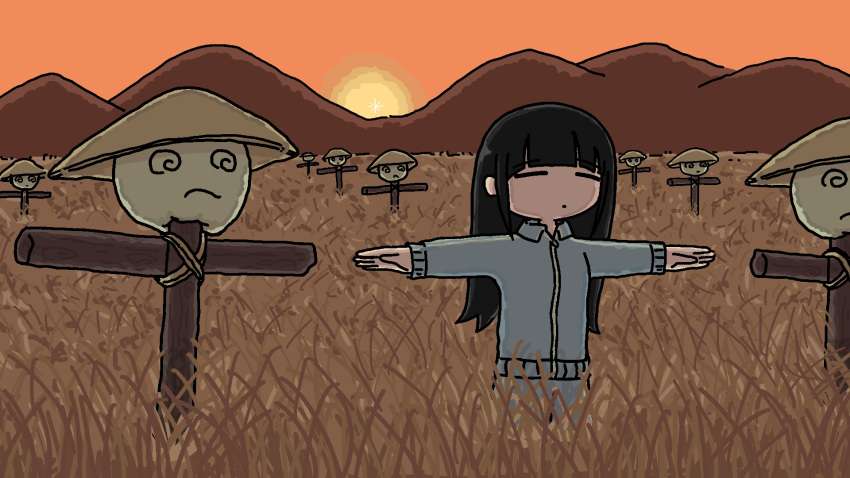 1girl black_hair blue_jacket blue_pants blunt_bangs closed_eyes closed_mouth fuchina_(fucinami) funo-chan_(fuchina) henohenomoheji highres jacket long_hair long_sleeves mountainous_horizon orange_sky original outdoors outstretched_arms pants scarecrow sky solo spread_arms standing sun sunset wheat_field