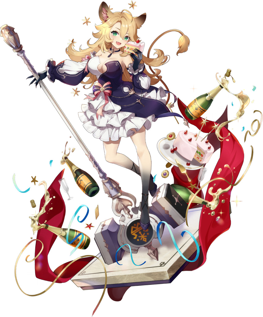 1girl :d ahoge aira_(eversoul) alcohol animal_ears bare_legs bare_shoulders black_footwear blonde_hair bow breasts cake cake_slice champagne champagne_flute claws cleavage collarbone cup detached_sleeves dress drinking_glass eating eversoul fang food frilled_dress frills full_body game_cg green_eyes hair_between_eyes hammer highres holding holding_cake holding_food holding_hammer holding_weapon jewelry large_breasts lion_ears lion_girl lion_tail long_hair long_sleeves looking_at_viewer necklace non-web_source official_alternate_costume official_alternate_hairstyle official_art open_mouth pink_bow puffy_long_sleeves puffy_sleeves red_carpet smile solo standing standing_on_object standing_on_one_leg star_(symbol) streamers swept_bangs tachi-e tail transparent_background two-tone_dress war_hammer weapon white_dress