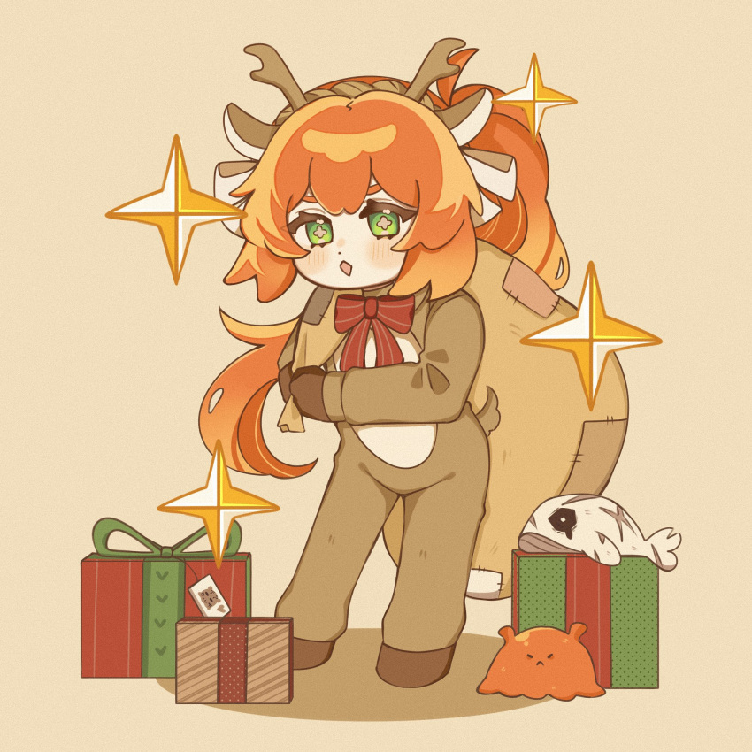 animal_costume animal_ears antlers blush bow bowtie brown_background cross-shaped_pupils deer_ears gift green_eyes high_ponytail highres holding holding_sack ishmael_(project_moon) limbus_company long_hair looking_at_viewer open_mouth orange_hair project_moon qiqi_(amsvartnir) queequeg_(project_moon) red_bow red_bowtie reindeer_antlers reindeer_costume sack simple_background stuffed_whale symbol-shaped_pupils the_pallid_whale umbrella_octopus very_long_hair