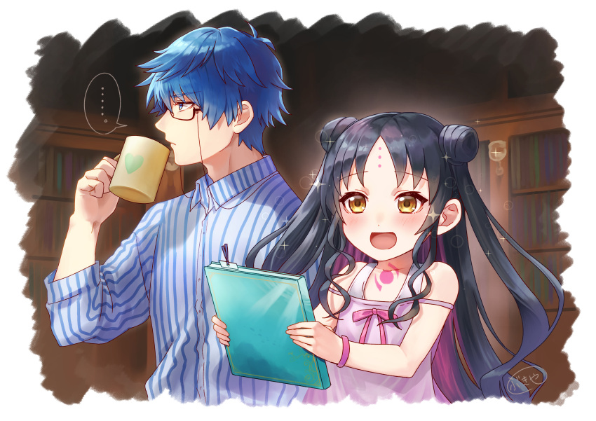... 1boy 1girl absurdres artist_name babydoll black-framed_eyewear black_hair blue_eyes blue_hair blue_shirt blush book bookshelf border bukiya_(weaponman) chest_tattoo closed_mouth collared_shirt commentary cup double_bun dress_swimsuit eyewear_strap fate/grand_order fate_(series) forehead_tattoo glasses hair_bun hand_up hans_christian_andersen_(adult)_(fate) hans_christian_andersen_(fate) heart heart_print highres holding holding_book holding_cup indoors long_hair long_sleeves looking_afar looking_at_object mug multicolored_hair one-piece_swimsuit open_mouth parted_bangs pink_babydoll pink_bracelet pink_hair pink_ribbon print_mug profile ribbon sessyoin_kiara sessyoin_kiara_(lily) shirt short_hair sidelocks signature smile speech_bubble spoken_ellipsis streaked_hair striped_clothes striped_shirt swimsuit tattoo two-tone_shirt upper_body vertical-striped_clothes vertical-striped_shirt wavy_hair white_border white_one-piece_swimsuit white_shirt yellow_eyes