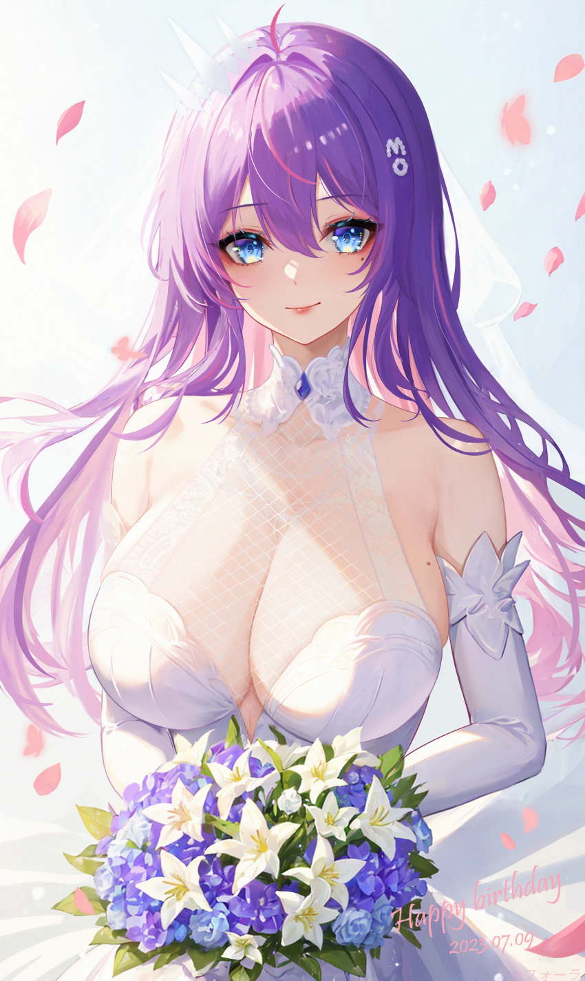 1girl absurdres bare_shoulders blue_background blue_eyes blue_flower bouquet breasts bridal_veil bride cleavage closed_mouth commentary_request crown dated dress elbow_gloves eoe falling_petals floralmi flower gloves happy_birthday highres holding holding_bouquet large_breasts long_hair looking_at_viewer mini_crown mole mole_under_eye petals pink_lips purple_hair see-through see-through_cleavage skindentation sleeveless sleeveless_dress smile solo tilted_headwear upper_body veil virtual_youtuber wedding_dress white_dress white_flower white_gloves white_headwear white_veil yumo_(eoe)