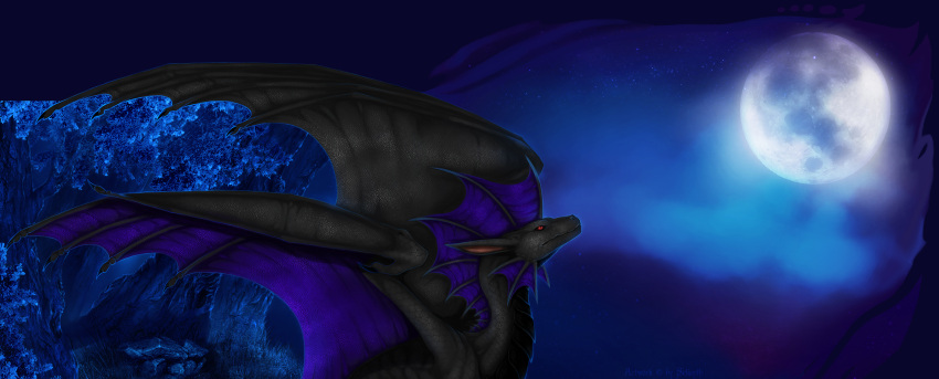 ambiguous_gender black_body blue_fins cloud dragon fantasy feral glowing hi_res looking_up moon night red_eyes selianth sitting solo space star ych