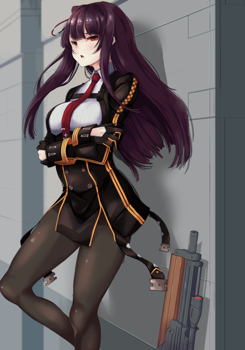 absurdres black_thighhighs bullpup framed_breasts girls'_frontline gun hair_ribbon half_updo highres looking_at_viewer necktie one_side_up purple_hair red_eyes red_necktie ribbon rifle simple_background sniper_rifle thighhighs wa2000_(girls'_frontline) walther walther_wa_2000 weapon yukusasu