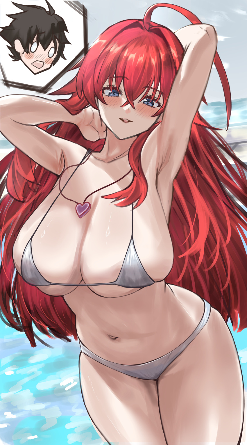 1girl absurdres ahoge armpits arms_behind_head bikini blue_eyes blush breasts collarbone crossed_bangs hair_between_eyes heart heart_necklace high_school_dxd highres huge_breasts hyoudou_issei jewelry long_hair looking_at_viewer navel necklace nuo_(fttv3255) ocean open_mouth outdoors presenting_armpit red_hair rias_gremory silver_bikini skindentation smile solo_focus swimsuit