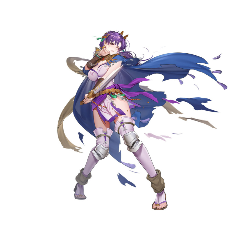 1girl cape damaged earrings fire_emblem fire_emblem:_the_binding_blade fire_emblem_heroes hanusu holding holding_sword holding_weapon jewelry juno_(fire_emblem) juno_(nimble_grace)_(fire_emblem) one_eye_closed pelvic_curtain ponytail purple_eyes purple_hair solo sword tassel tassel_earrings torn_cape torn_clothes weapon