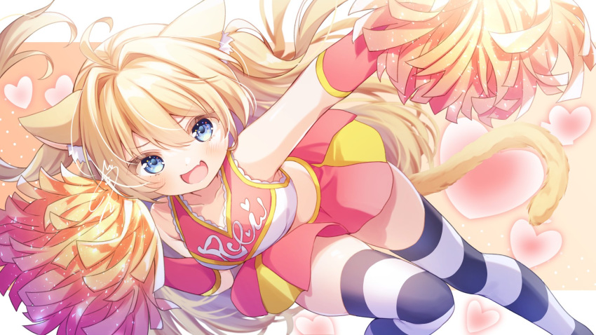 1girl animal_ear_fluff animal_ears blonde_hair blue_eyes breasts cat_ears cat_girl cat_tail cheerleader clothes_writing commission hair_intakes highres kisukekun leaning_forward leg_up long_hair looking_at_viewer midriff miniskirt open_mouth original pom_pom_(cheerleading) red_shirt red_skirt shirt skeb_commission skirt sleeveless sleeveless_shirt smile solo standing standing_on_one_leg striped_clothes striped_thighhighs tail thighhighs thighs two-tone_shirt very_long_hair white_shirt zettai_ryouiki