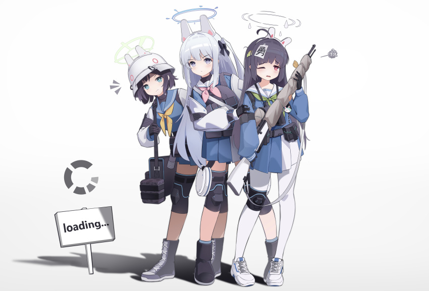 3girls absurdres animal_ears bag black_bow black_footwear black_gloves black_hair black_undershirt blue_archive blue_eyes blue_halo blue_sailor_collar blue_serafuku blue_skirt bolt_action boots bow bright_pupils carrying_bag closed_mouth combat_helmet commentary_request cross-laced_footwear fake_animal_ears gloves green_halo green_neckerchief gun halo helmet highres holding holding_bag jacket knee_pads leaf leaf_on_head loading_screen long_hair long_sleeves looking_at_viewer mcoco7 medium_hair miyako_(blue_archive) miyu_(blue_archive) mosin-nagant multicolored_clothes multicolored_jacket multicolored_skirt multiple_girls neckerchief notice_lines one_eye_closed open_mouth pantyhose pink_neckerchief plate_carrier pleated_skirt purple_eyes rabbit_ears rabbit_platoon_(blue_archive) rash_guard red_eyes rifle sailor_collar saki_(blue_archive) school_uniform serafuku shadow shoes sign simple_background single_knee_pad skirt sneakers two-tone_jacket weapon white_background white_footwear white_hair white_halo white_headwear white_helmet white_pantyhose white_pupils yellow_neckerchief