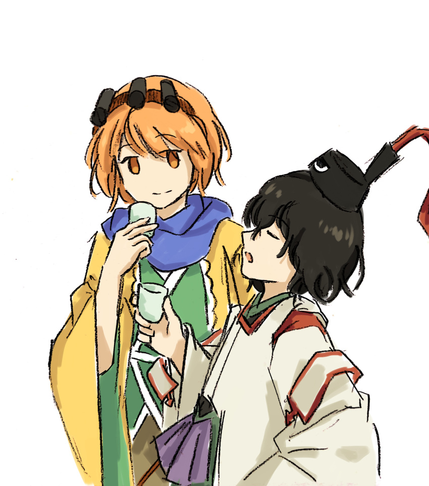 2others absurdres androgynous baila_kuangzi black_hair black_headwear black_kimono blue_scarf brown_hairband closed_mouth cup detached_sleeves green_kimono hairband haori hat highres holding holding_cup japanese_clothes kariginu kimono len'en multiple_others no_nose orange_eyes orange_hair other_focus scarf senri_tsurubami short_hair simple_background sketch smile tate_eboshi white_background white_sleeves zuifeng_tenkai