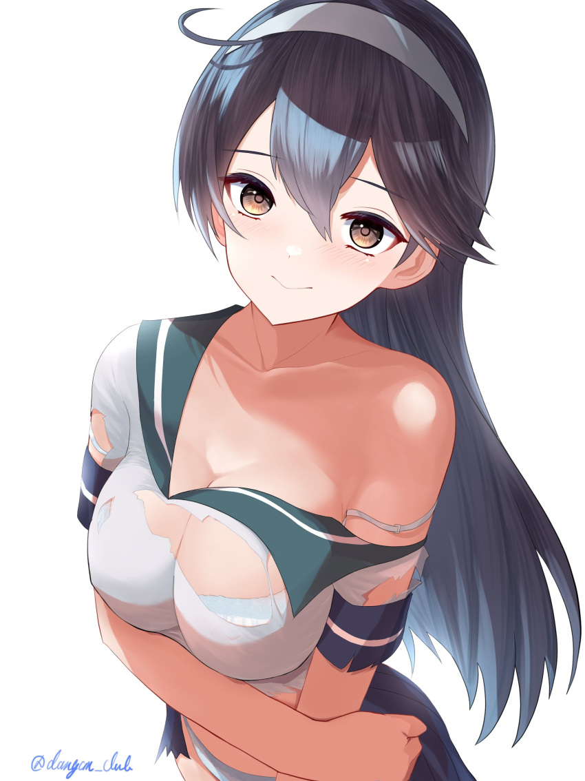 1girl absurdres bare_shoulders black_eyes black_hair blush bra breasts closed_mouth collarbone dangan_kurabu hair_between_eyes hair_ornament highres kantai_collection large_breasts leotard long_hair looking_at_viewer panties pleated_skirt school_uniform serafuku simple_background skirt smile solo torn_clothes torn_leotard underwear upper_body ushio_(kancolle) white_background