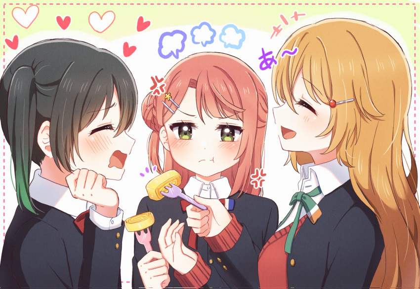 3girls :t anger_vein black_jacket blush cardigan closed_eyes closed_mouth collared_shirt feeding fork gradient_hair green_hair green_ribbon hair_between_eyes hair_bun hair_ornament hairclip heart highres holding holding_fork jacket jealous konoe_kanata long_hair long_sleeves love_live! love_live!_nijigasaki_high_school_idol_club medium_hair multicolored_hair multiple_girls neck_ribbon nijigasaki_academy_school_uniform open_mouth orange_hair pink_hair pout red_cardigan red_ribbon ribbon school_uniform shirt sidelocks single_side_bun swept_bangs takasaki_yuu translation_request twintails uehara_ayumu upper_body v-shaped_eyebrows wavy_mouth white_shirt winter_uniform yoon_(yoon_lovelive)