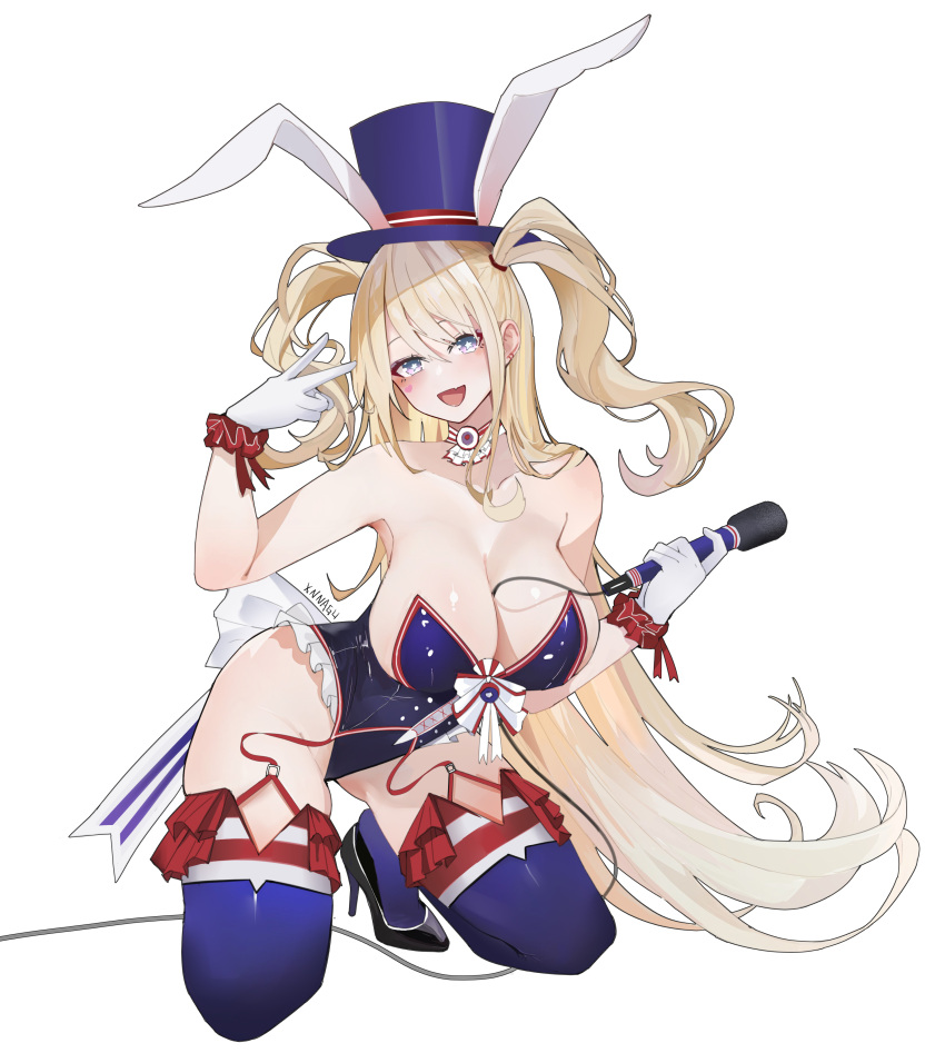 1girl absurdres animal_ears azur_lane between_breasts blonde_hair blue_leotard blue_thighhighs breasts cleavage facial_mark fake_animal_ears frilled_gloves frilled_leotard frills garter_straps gloves guam_(azur_lane) guam_(stage-setting_charmer)_(azur_lane) hat heart heart_facial_mark heart_sticker highleg highleg_leotard highres holding holding_microphone kneeling large_breasts leotard long_hair microphone official_alternate_costume playboy_bunny red_garter_straps smile star-shaped_pupils star_(symbol) symbol-shaped_pupils syngeloussier thighhighs top_hat two_side_up undersized_breast_cup v white_background white_gloves