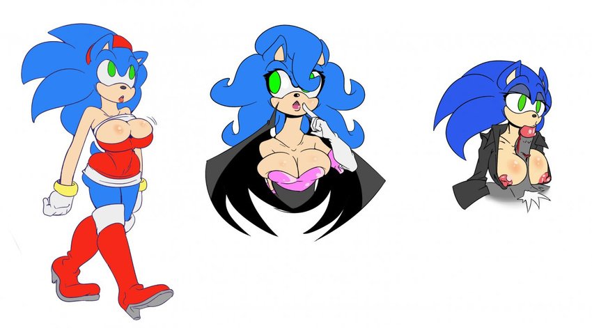 areola big_breasts blue_hair breasts butt cleavage clothed clothing cosplay crossgender cuisine erect_nipples erection fellatio female green_eyes hair hedgehog male mammal nipples oral oral_sex penis sega sex sonic_(series) sonic_the_hedgehog straight titfuck vein veins