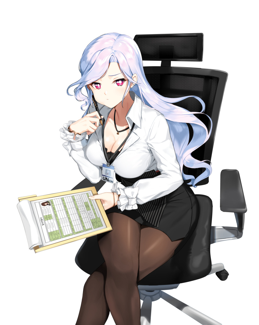 1girl :t black_pantyhose black_skirt black_undershirt bow bracelet breasts bright_pupils business_suit chair cleavage clipboard closers collared_shirt crossed_legs dress_shirt feet_out_of_frame frilled_sleeves frills from_above furrowed_brow hand_up highres holding holding_clipboard holding_pen id_card jewelry lanyard large_breasts long_hair long_sleeves looking_at_viewer miniskirt mirae_(closers) office_chair office_lady official_art on_chair pantyhose paper partially_unbuttoned pen pencil_skirt pendant pout red_eyes shirt shirt_tucked_in shirt_under_shirt sitting skirt skirt_suit sleeve_bow solo suit swivel_chair white_background white_bow white_hair white_pupils white_shirt