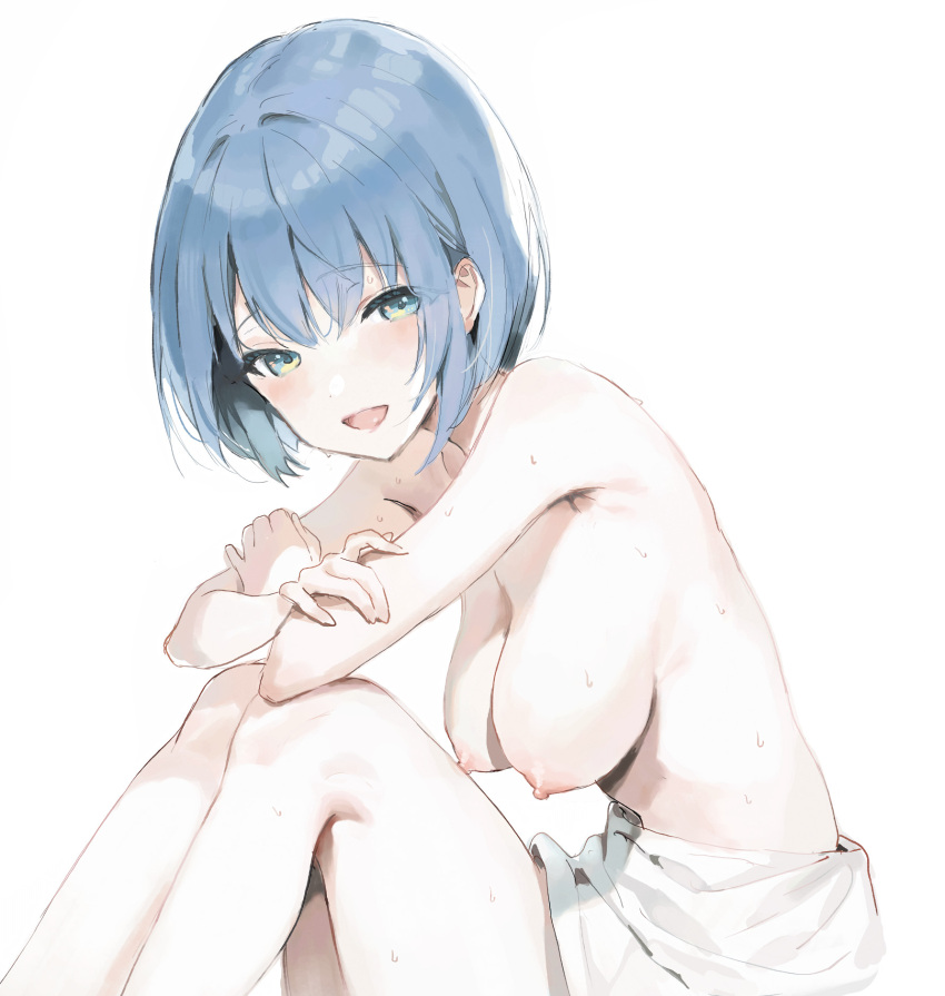 1girl aikontakuto armpits blue_eyes blue_hair blush bob_cut breasts commentary_request crossed_arms feet_out_of_frame highres kiritani_haruka light_blue_hair looking_at_viewer medium_breasts nipples open_mouth project_sekai sarong simple_background sitting smile solo sweat topless white_background white_sarong