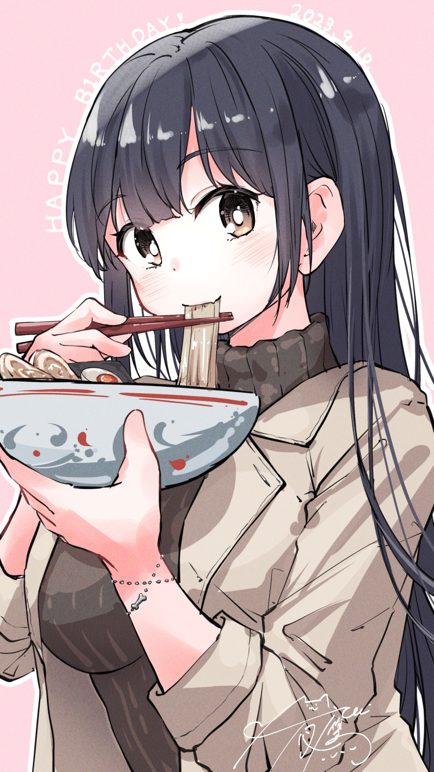 1girl absurdres black_hair boku_no_kokoro_no_yabai_yatsu bowl brown_hair brown_jacket brown_sweater dated eating egg_(food) food happy_birthday highres jacket looking_at_viewer noodles pink_background softboiled_egg solo sweater turtleneck turtleneck_sweater u_da_desu yamada_anna