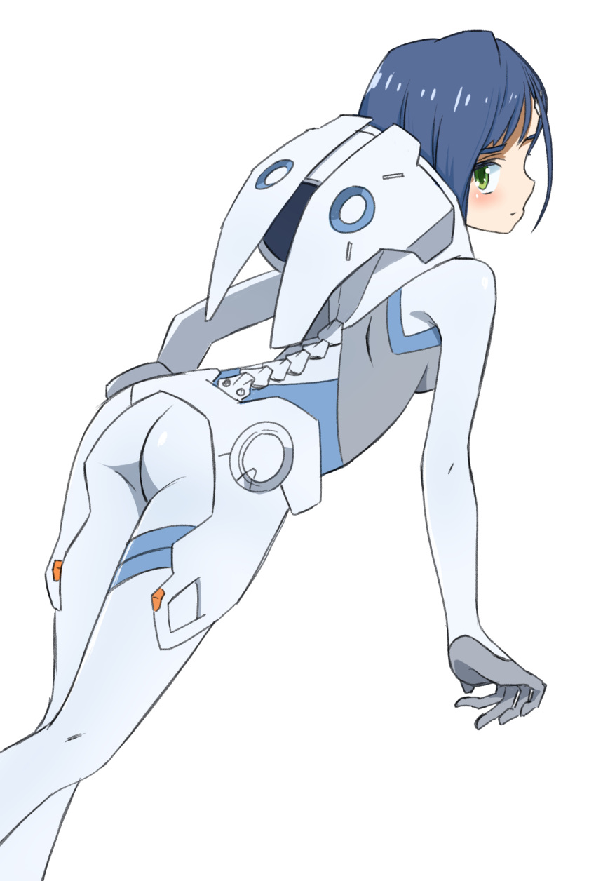 1girl ass blue_bodysuit blue_hair blush bob_cut bodysuit breasts closed_mouth commentary curled_fingers darling_in_the_franxx dutch_angle expressionless feet_out_of_frame green_eyes grey_bodysuit hair_ornament hairclip head_tilt highres hood hood_down ichigo_(darling_in_the_franxx) looking_at_viewer looking_back pilot_suit shaft_look short_hair simple_background skin_tight small_breasts solo standing sumiyama two-tone_bodysuit walking white_background white_bodysuit