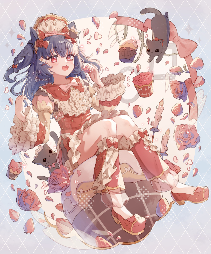 1girl :3 animal_ears artist_name black_hair bow bow_hairband bowtie braid buttons candle capelet cat cat_ears cat_girl cat_tail center_frills commentary falling_petals flower food footwear_bow frilled_leg_warmers frilled_skirt frilled_sleeves frills from_side fruit full_body grey_background hair_bow hair_ornament hairband hairclip hands_up headdress heart highres holding holding_food holding_fruit ice_cream juliet_sleeves leg_warmers long_sleeves medium_hair open_mouth original petals pink_bow pink_bowtie puffy_sleeves red_bow red_capelet red_eyes red_flower red_footwear red_leg_warmers red_rose red_skirt rose shoes side_braid signature single_braid sitting skirt skirt_set solo strawberry symbol-only_commentary tail too_many too_many_frills tsukumi_bis two_side_up