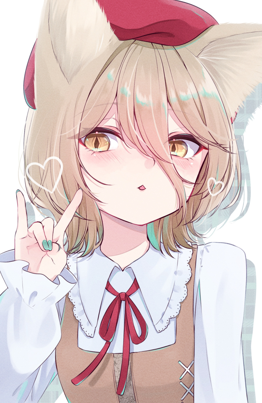 1girl animal_ears beret blonde_hair blush collared_shirt fingernails fox_ears fox_shadow_puppet green_nails hat heart highres kudamaki_tsukasa long_sleeves looking_at_viewer mizore_arius nail_polish neck_ribbon open_mouth red_headwear red_ribbon ribbon shirt short_hair solo touhou upper_body white_shirt yellow_eyes