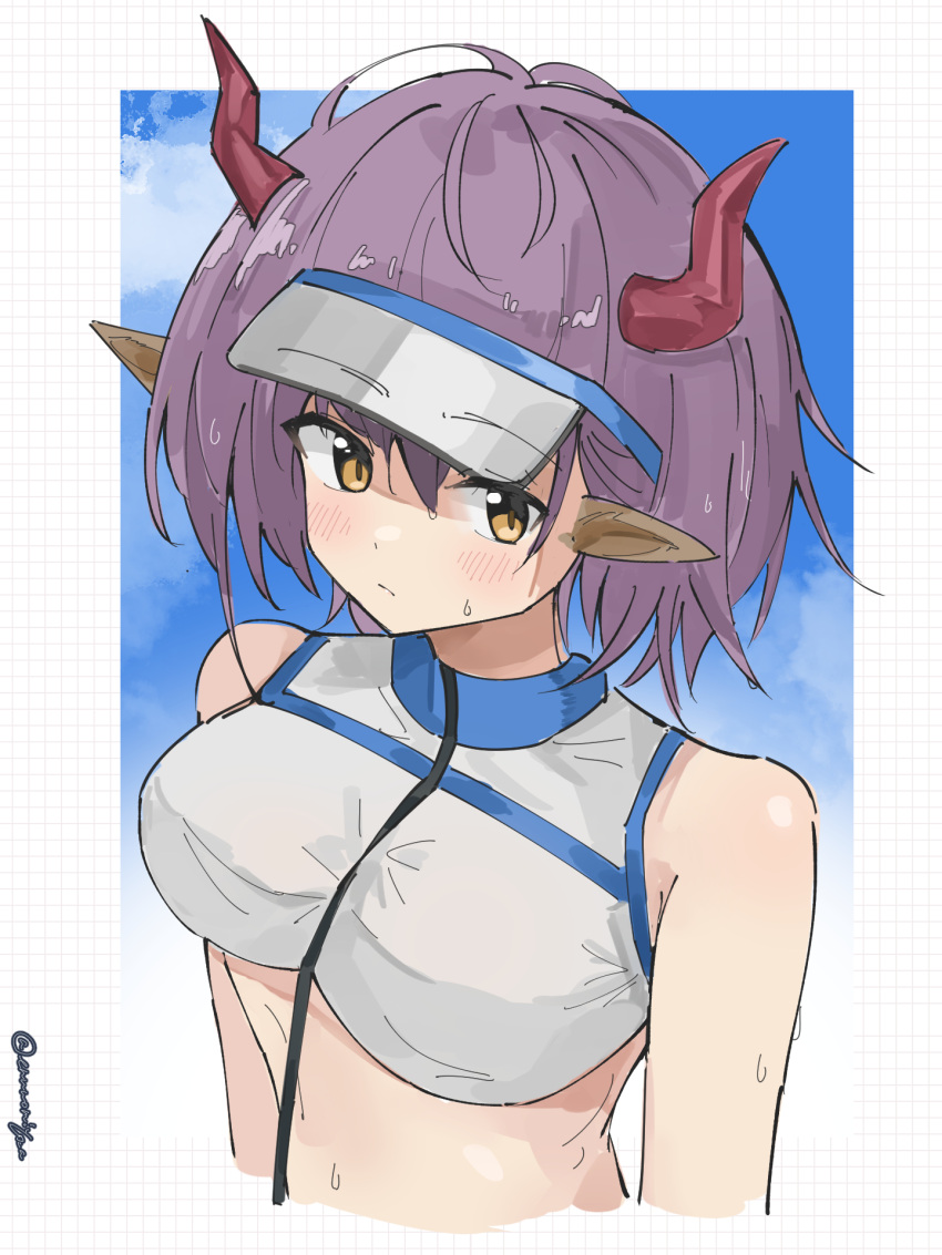 1girl arknights arms_at_sides bare_shoulders blue_sky blush border breasts cloud cow_girl cow_horns cropped_shirt cropped_torso enunomiya hair_between_eyes highres horns large_breasts looking_at_viewer orange_eyes outdoors pointy_ears purple_hair shirt short_hair sidelocks sideroca_(arknights) sideroca_(light_breeze)_(arknights) sky solo stomach sweat twitter_username visor_cap white_border white_shirt