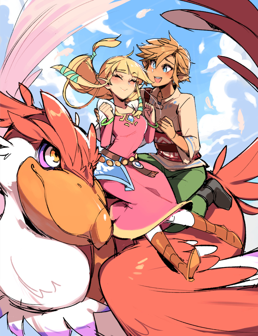 1boy 1girl animal bird blonde_hair blunt_bangs blush breasts brown_shirt champanus clenched_hands closed_eyes closed_mouth cloud day dress feathers green_eyes green_pants hair_between_eyes hands_up happy highres long_hair long_sleeves looking_at_another pants pink_dress princess_zelda shirt short_hair small_breasts smile the_legend_of_zelda the_legend_of_zelda:_skyward_sword