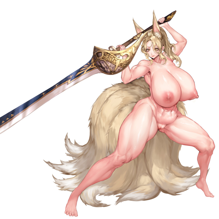 1girl absurdres animal_ears arms_up blonde_hair closed_mouth collarbone copyright_request english_commentary fox_ears fox_girl fox_tail highres holding holding_sword holding_weapon kitsune looking_at_viewer meowx25 monster_hunter_(character) monster_hunter_(series) multiple_tails nipples nude smile solo standing sword tail toned uncensored weapon yellow_eyes