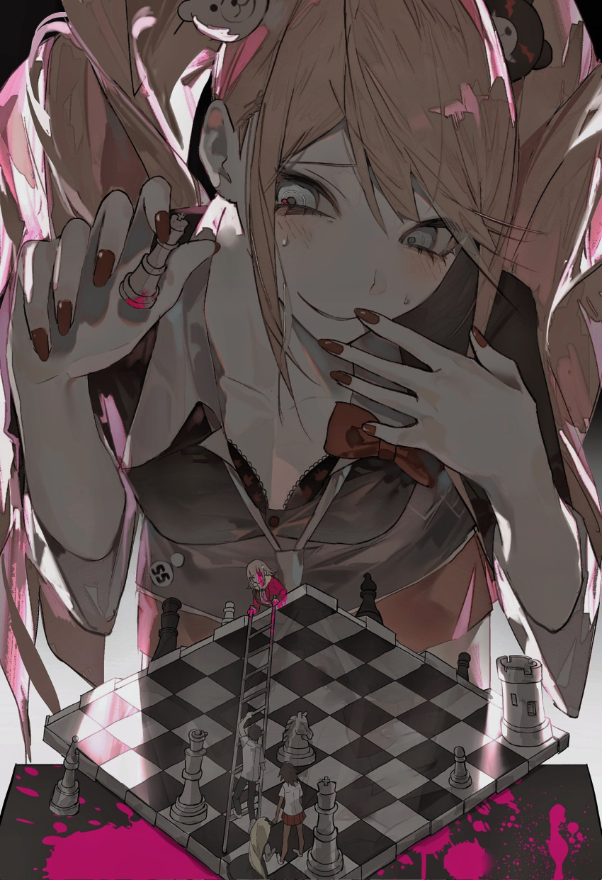 1boy 4girls bishop_(chess) black_pants blonde_hair board_game character_request chess chess_piece climbing_ladder danganronpa:_trigger_happy_havoc danganronpa_(series) enoshima_junko highres king_(chess) kiyoshi_st knight_(chess) ladder looking_down multiple_girls pants pawn_(chess) perspective pink_liquid red_nails red_skirt school_uniform shirt skirt white_shirt