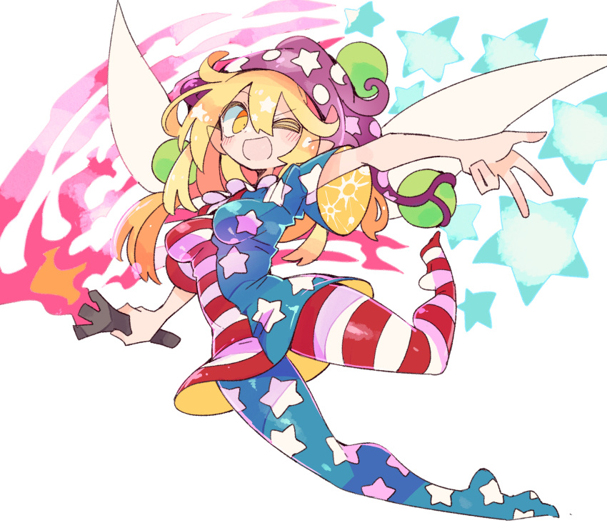 1girl american_flag_dress american_flag_legwear blonde_hair blush breasts clownpiece dress fairy fairy_wings fire full_body hair_between_eyes hat highres holding holding_torch jester_cap long_hair massakasama medium_breasts one_eye_closed open_mouth pantyhose polka_dot polka_dot_headwear purple_headwear short_sleeves simple_background smile solo star_(symbol) star_print striped_clothes striped_dress striped_pantyhose torch touhou white_background wings yellow_eyes