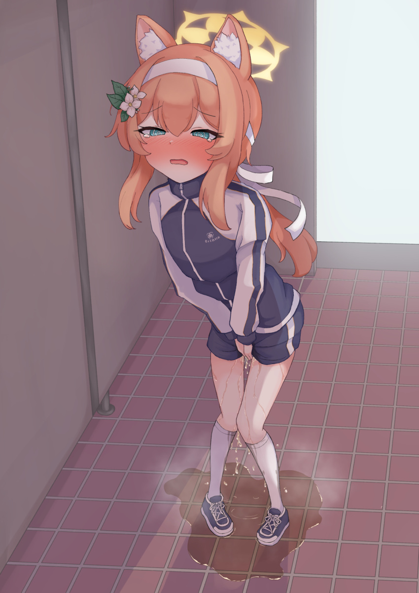 1girl @_@ animal_ear_fluff animal_ears between_legs blue_archive blue_eyes blue_footwear blue_jacket blue_shorts blush flower fox_ears fox_girl full_body gym_uniform hair_between_eyes hair_flower hair_ornament hair_ribbon hairband halo hand_between_legs have_to_pee highres indoors jacket kneehighs long_hair mari_(blue_archive) mari_(track)_(blue_archive) nose_blush orange_hair pee peeing peeing_self ponytail puddle reanoima ribbon shoes short_shorts shorts sneakers socks solo standing tears track_jacket white_flower white_hairband white_ribbon white_socks yellow_halo