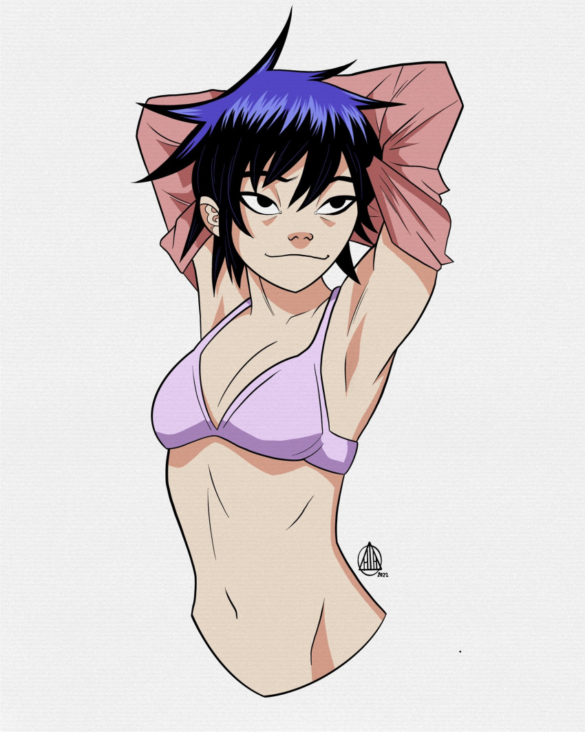 1girl 2022 black_eyes blue_hair bra breasts commentary cropped_torso english_commentary gorillaz harrisartz highres navel noodle_(gorillaz) pink_bra short_hair signature small_breasts smile solo underwear undressing upper_body