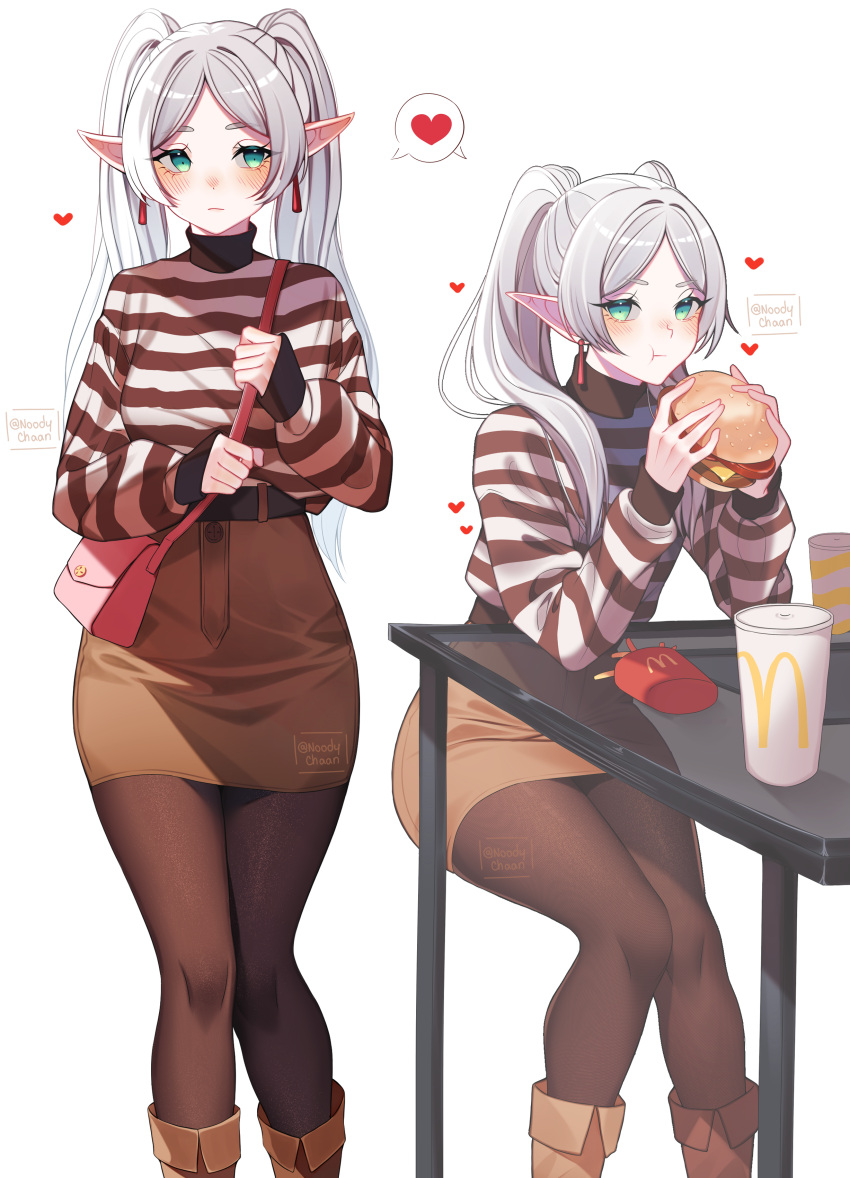 1girl :t absurdres alternate_costume artist_name bag blush brown_pantyhose brown_skirt burger casual closed_mouth commentary cup disposable_cup eating elbows_on_table elf english_commentary food french_fries frieren green_eyes heart highres holding_burger invisible_chair looking_to_the_side mcdonald's multiple_views noodychaan pantyhose pink_bag pointy_ears product_placement shirt shoulder_bag simple_background sitting skirt solo sousou_no_frieren spoken_heart striped_clothes striped_shirt table teardrop_earrings turtleneck_shirt twintails white_background white_hair