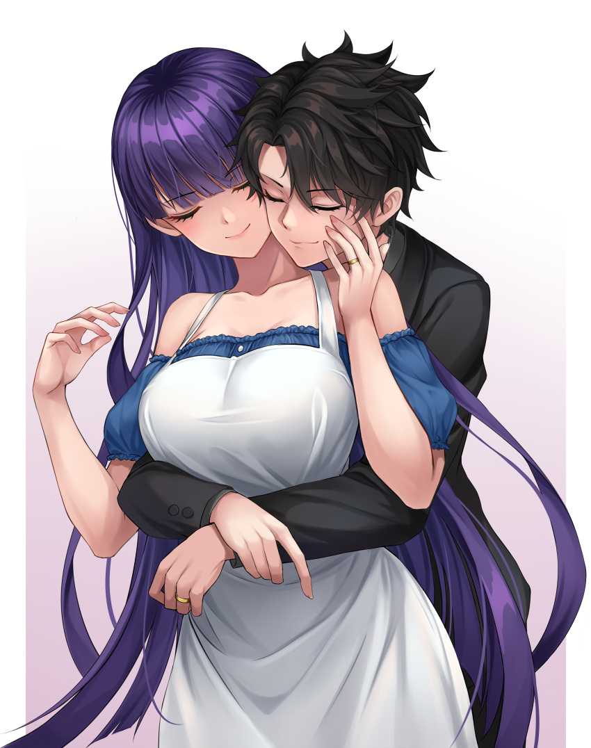 1boy 1girl absurdres apron bare_shoulders black_hair black_shirt blue_dress blush breasts closed_eyes collarbone commission dress fate/grand_order fate_(series) fujimaru_ritsuka_(male) highres hug hug_from_behind ianzky jewelry large_breasts long_hair martha_(fate) off-shoulder_dress off_shoulder purple_hair ring second-party_source shirt smile very_long_hair wedding_ring white_apron