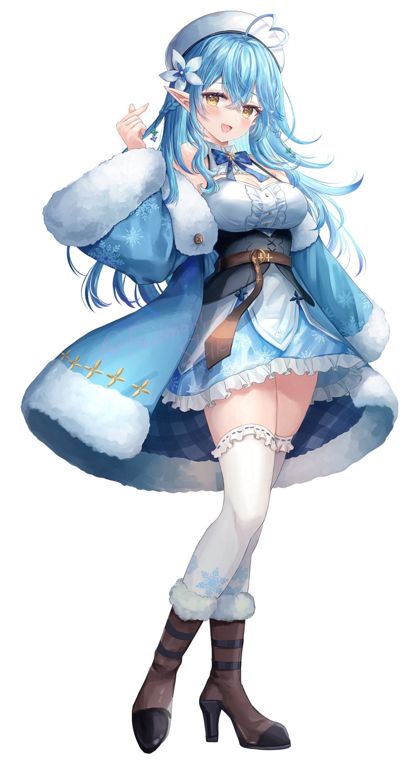1girl :d ahoge belt beret black_corset blue_bow blue_bowtie blue_coat blue_hair blue_skirt boots bow bowtie braid breasts brown_belt brown_footwear center_frills cleavage_cutout clothing_cutout coat commentary corset crossed_bangs double-parted_bangs elf finger_heart flower frilled_shirt frilled_skirt frilled_thighhighs frills fujimori_shiki full_body fur-trimmed_boots fur-trimmed_coat fur_trim hair_between_eyes hair_flower hair_ornament hand_up hat heart heart_ahoge heel_up high_heel_boots high_heels highres hololive large_breasts leather_belt long_hair looking_at_viewer miniskirt off_shoulder open_mouth plaid plaid_bow plaid_bowtie pleated_skirt pointy_ears shirt simple_background skirt smile snowflake_hair_ornament snowflake_print solo standing symbol-only_commentary thighhighs underbust virtual_youtuber white_background white_headwear white_shirt white_thighhighs yellow_eyes yukihana_lamy yukihana_lamy_(1st_costume)