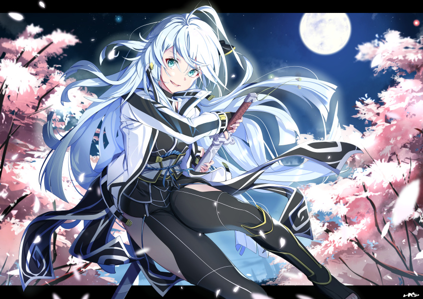 1girl absurdres ahoge black_border black_gloves blue_eyes border cherry_blossoms clothing_cutout coat eiyuu_densetsu falling_petals feathermage fingerless_gloves floating_hair full_moon gloves hair_between_eyes half_updo highres holding holding_sword holding_weapon kuro_no_kiseki moon night night_sky open_clothes open_coat open_mouth outdoors parted_bangs petals sandals shizuna_rem_misurugi sky smile sword thigh_cutout thighhighs weapon white_hair