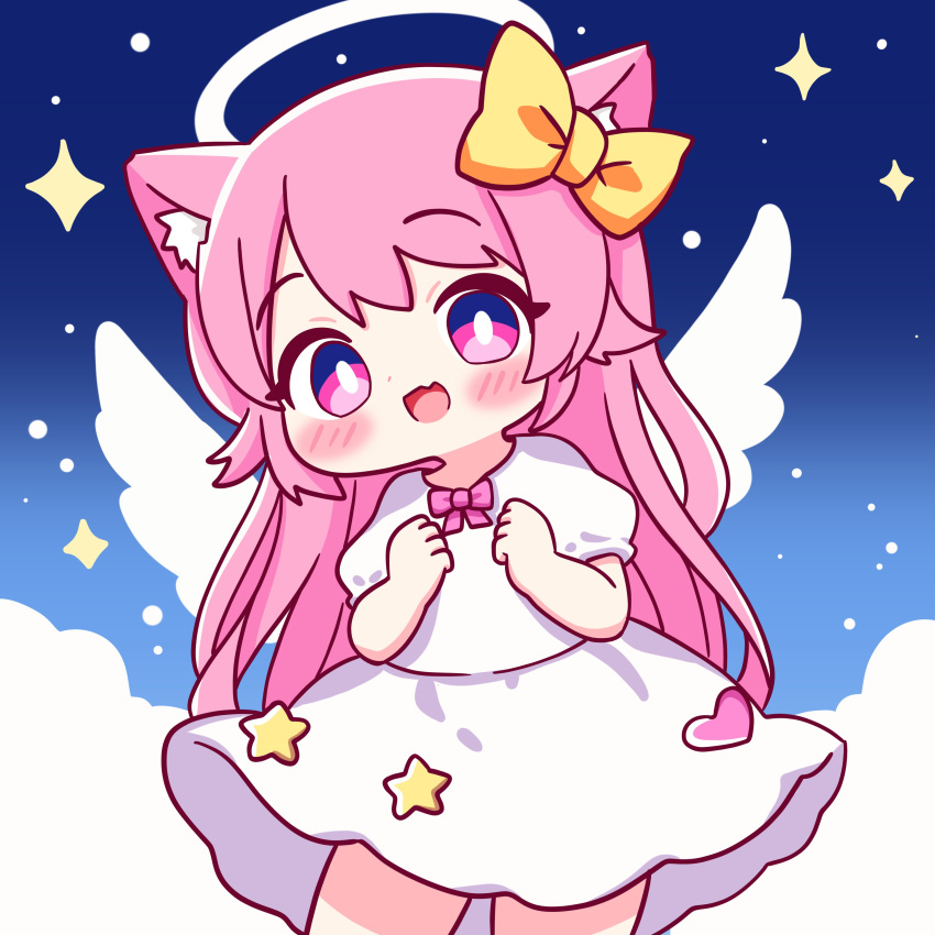 1girl :d absurdres angel_wings animal_ears blush bow changkiwi cloud dress hair_bow halo highres long_hair looking_at_viewer pink_eyes pink_hair self-upload shirt short_sleeves sky smile sparkle white_shirt wings