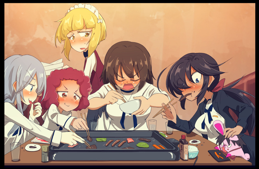 5girls :t artist_self-insert bartender black_border black_bow black_bowtie black_coat black_hair blonde_hair blouse blue_eyes blue_neckerchief blunt_bangs bob_cut border bow bowl bowtie brown_hair brown_vest chopsticks closed_eyes coat commentary cup curly_hair cutlass_(girls_und_panzer) dark-skinned_female dark_skin dress_shirt drinking_glass eating eyes_visible_through_hair flint_(girls_und_panzer) food food_on_face frown girls_und_panzer grey_hair hair_bow hair_over_one_eye half-closed_eyes highres holding holding_bowl holding_chopsticks indoors jinguu_(4839ms) long_coat long_hair long_sleeves looking_at_another looking_back maid_headdress multiple_girls murakami_(girls_und_panzer) neckerchief ogin_(girls_und_panzer) ooarai_naval_school_uniform open_clothes open_coat open_mouth plate ponytail rabbit red_bow red_eyes red_hair rum_(girls_und_panzer) sailor_collar school_uniform shirt short_hair sitting standing sweatdrop vest white_shirt yellow_eyes