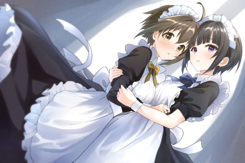 2girls absurdres ahoge alternate_costume apron b1ack_illust black_dress blush breasts commission dress enmaided highres hug idolmaster idolmaster_cinderella_girls kohinata_miho looking_at_viewer maid maid_apron maid_headdress medium_breasts multiple_girls pixiv_commission puffy_short_sleeves puffy_sleeves shirayuki_chiyo short_sleeves white_apron wrist_cuffs yuri