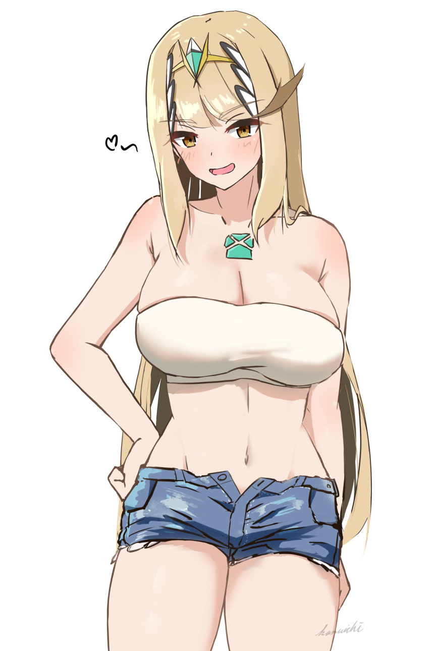 1girl :d absurdres armpit_crease bandeau blonde_hair breasts cleavage closed_mouth collarbone commentary_request core_crystal_(xenoblade) cowboy_shot crop_top denim denim_shorts hand_on_own_hip highres kanuici336 large_breasts long_hair looking_at_viewer midriff mythra_(xenoblade) navel short_shorts shorts simple_background smile solo standing strapless tiara tube_top very_long_hair white_background xenoblade_chronicles_(series) xenoblade_chronicles_2 yellow_eyes