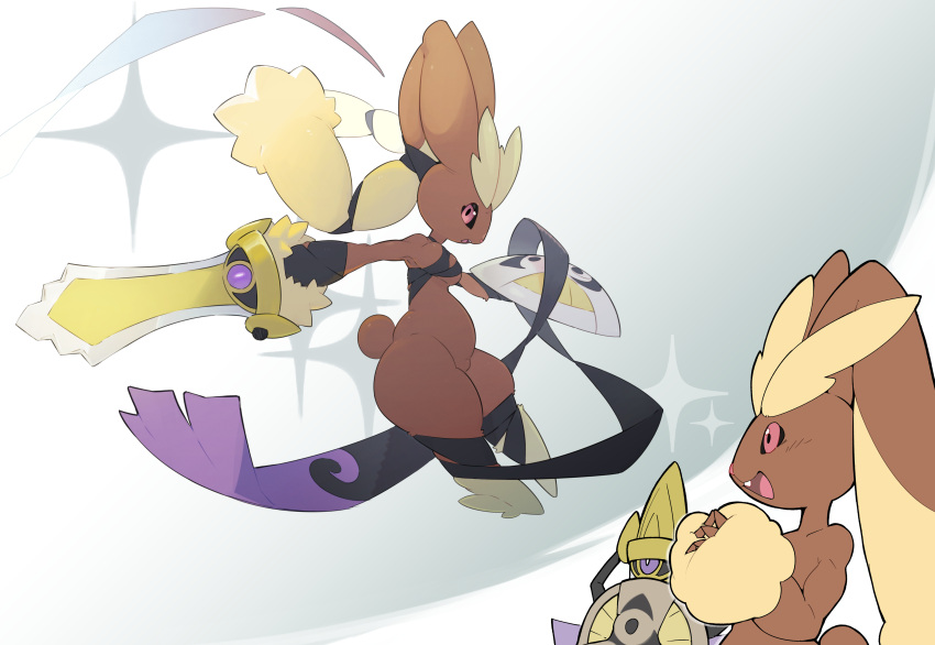 absurd_res aegislash ambiguous_gender anthro biped breasts brown_body dodudoru duo female fur generation_6_pokemon hi_res mega_evolution mega_lopunny nintendo open_mouth pokemon pokemon_(species) purple_eyes red_eyes simple_background tan_body tan_fur wraps yellow_background