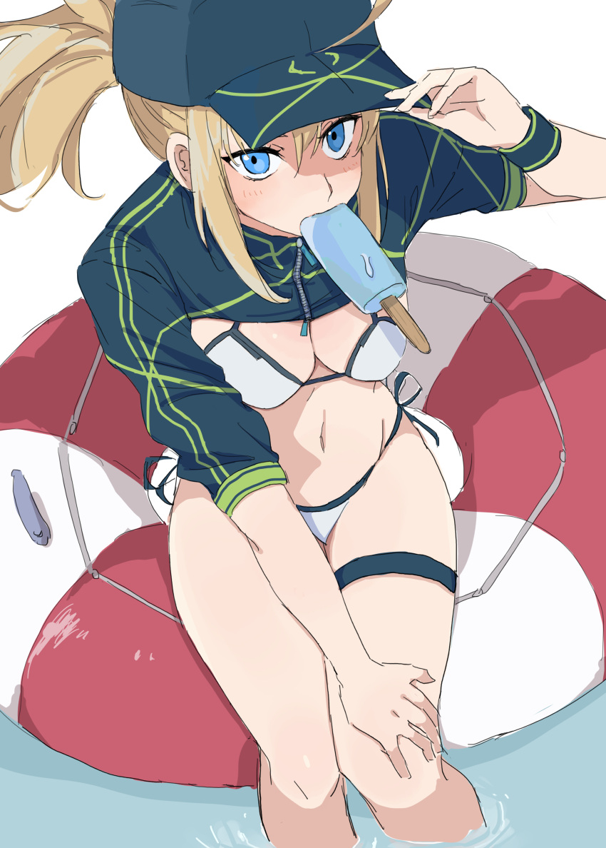 1girl absurdres artoria_pendragon_(fate) baseball_cap bikini blonde_hair blue_eyes breasts fate/grand_order fate_(series) food from_above hand_on_own_knee hat highres kaigan0211 lifebuoy looking_at_viewer medium_breasts medium_hair mysterious_heroine_xx_(fate) navel ponytail popsicle shrug_(clothing) side-tie_bikini_bottom solo swim_ring swimsuit thigh_strap water white_bikini