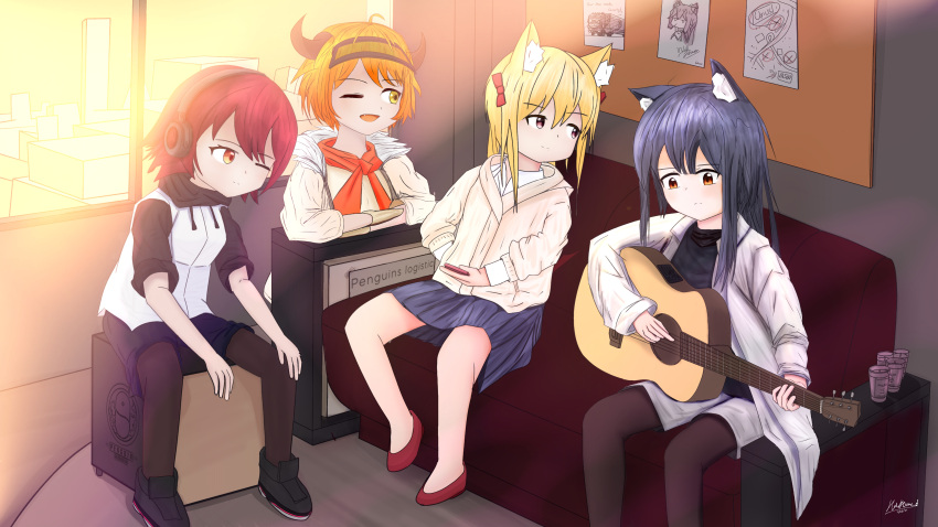 absurdres acoustic_guitar animal_ears arknights cajon croissant_(arknights) exusiai_(arknights) guitar highres instrument multiple_girls non-web_source open_mouth penguin_logistics_(arknights) short_hair sora_(arknights) texas_(arknights) wolf_ears