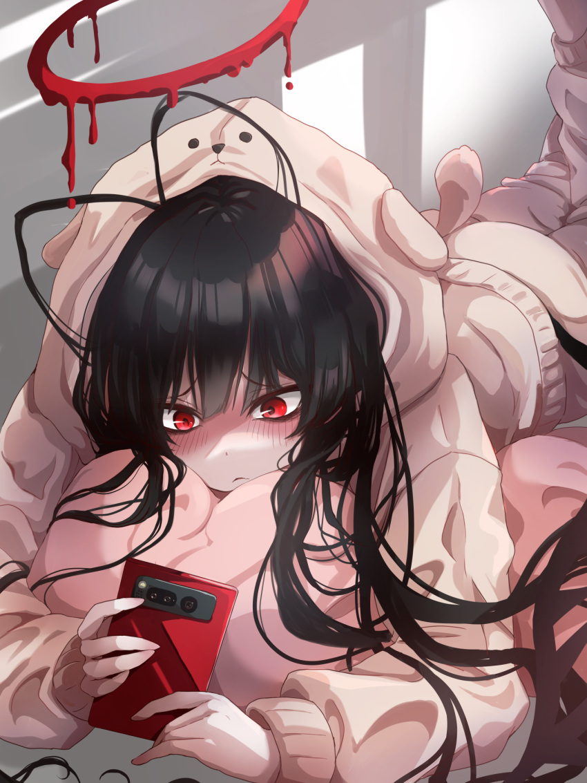 1girl antenna_hair black_hair blue_archive blush cellphone closed_mouth halo highres holding holding_phone hood hood_up komena_(shinyday312) long_hair long_sleeves loungewear lying melting_halo on_stomach phone red_eyes red_halo smartphone solo the_pose tsurugi_(blue_archive) very_long_hair