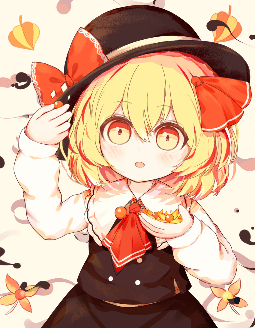 1girl ascot black_headwear black_skirt black_vest blonde_hair blush cowboy_shot hair_between_eyes hat hat_ribbon head_tilt highres holding long_sleeves looking_at_viewer medium_skirt open_mouth red_ascot red_ribbon ribbon ro.ro rumia shirt skirt solo touhou vest white_shirt yellow_eyes